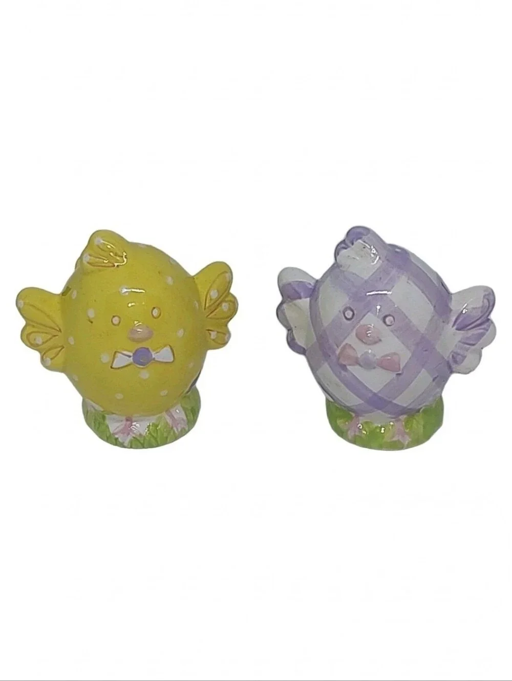 Easter Ceramic Salt and Pepper Shakers Set Yellow Polka Dot Purple Plaid Chicks